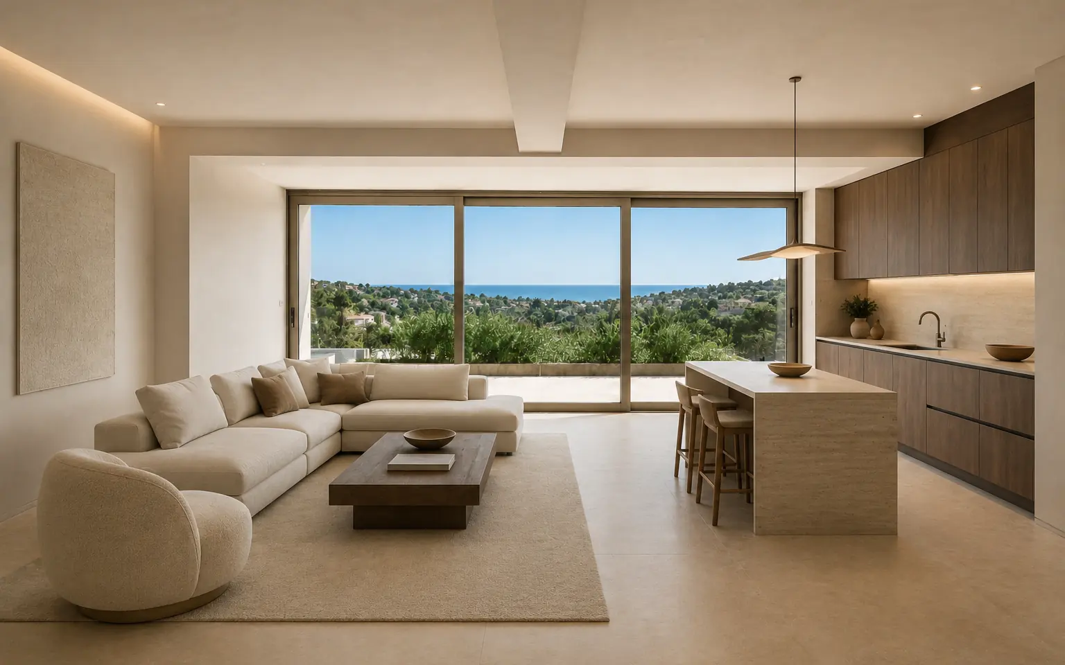 Same luxury villa interior after a warm contemporary renovation